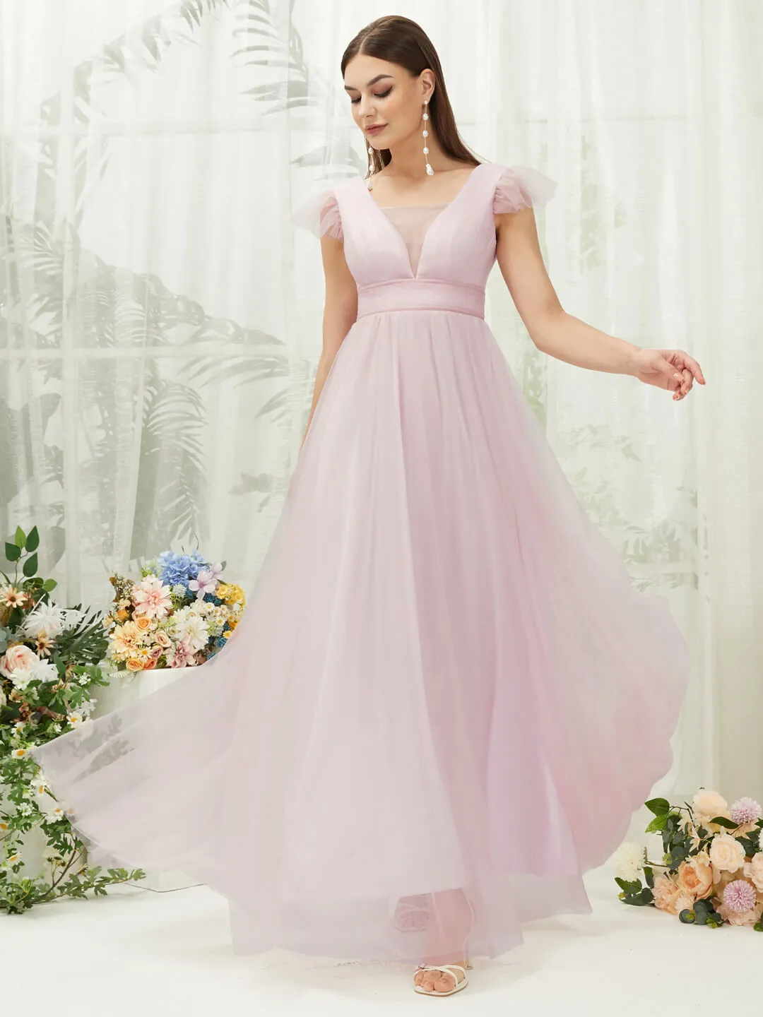 Pale Rose Tulle Cap Sleeves Floor Length Flowy Bridesmaid Dresses