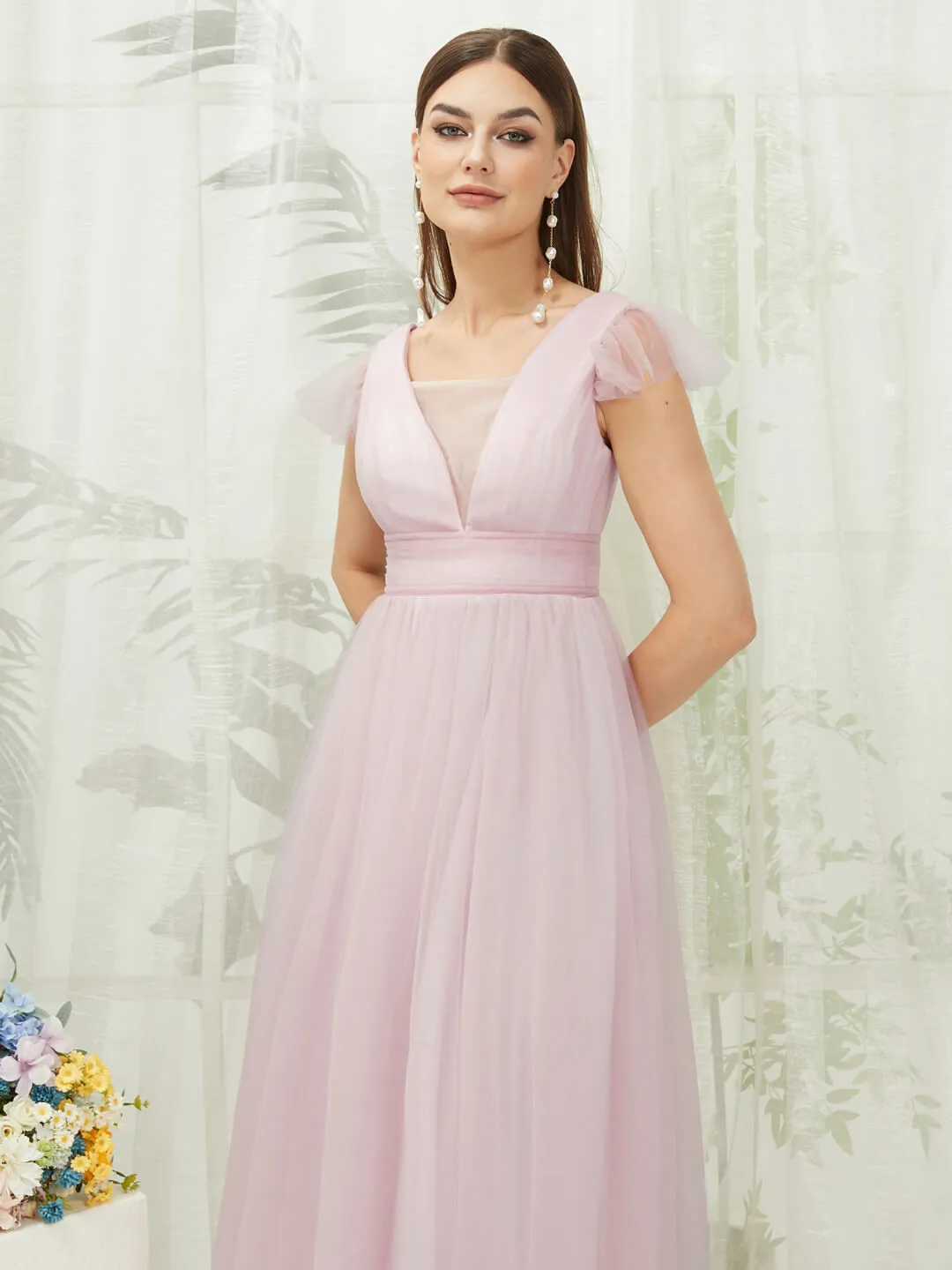 Pale Rose Tulle Cap Sleeves Floor Length Flowy Bridesmaid Dresses