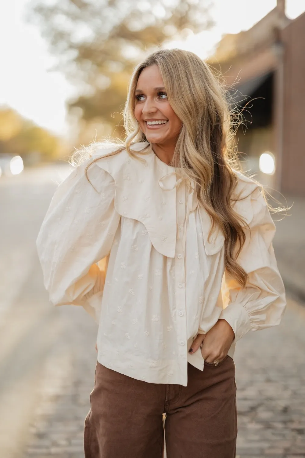 Pauline Ivory Printed Wide Collar Top