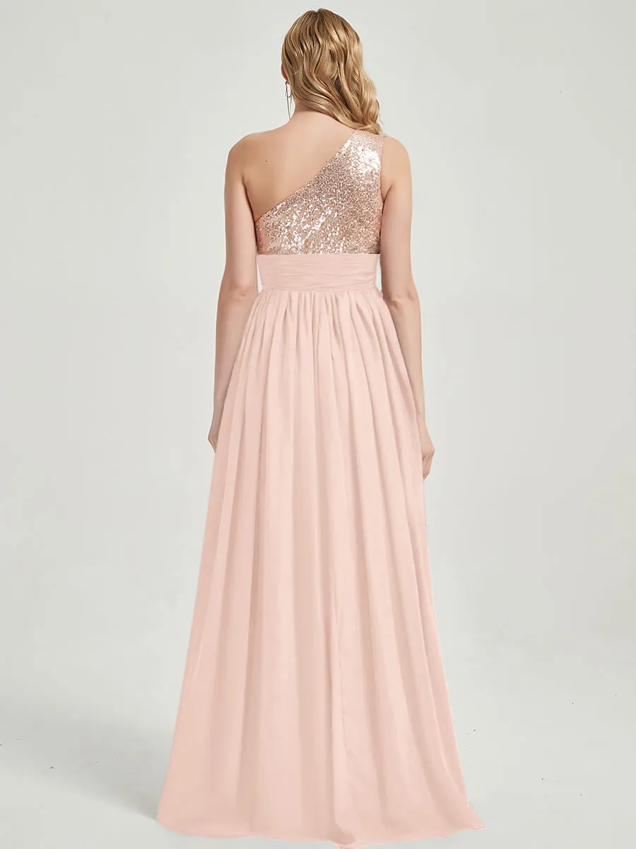 Pearl Pink One-Shoulder Sequin Chiffon Maxi Bridesmaid Dress for Party