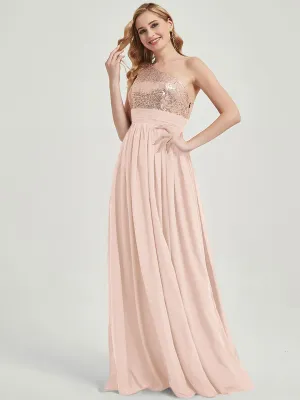 Pearl Pink One-Shoulder Sequin Chiffon Maxi Bridesmaid Dress for Party