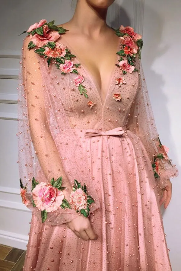 Pink A-line V-neck Prom Dresses, Long Sleeves Evening Dresses With Flowers, SP690