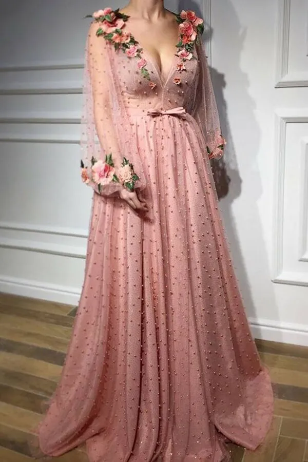 Pink A-line V-neck Prom Dresses, Long Sleeves Evening Dresses With Flowers, SP690