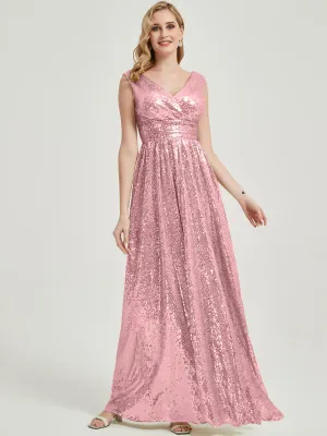 Pink Gold V-Neck Sleeveless Floor Length Sequin Bridesmaid Dress