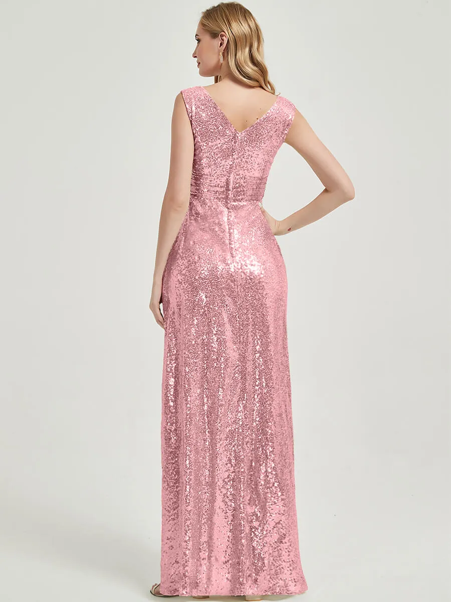Pink Gold V-Neck Sleeveless Floor Length Sequin Bridesmaid Dress