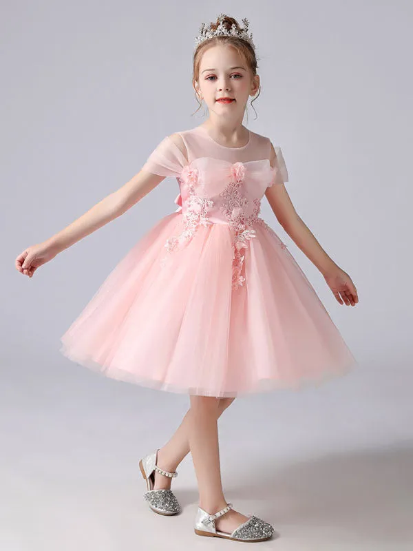Pink Jewel Neck Sleeveless Short Princess Lace flower girl dresses