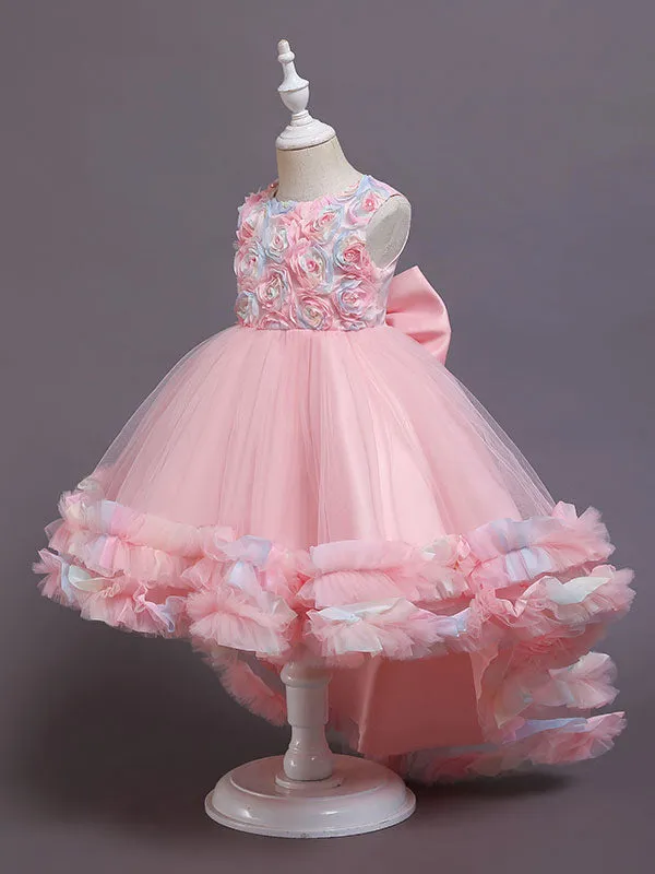 Pink Jewel Neck Tulle Sleeveless With Train A-Line Bows Formal Kids Pageant flower girl dresses