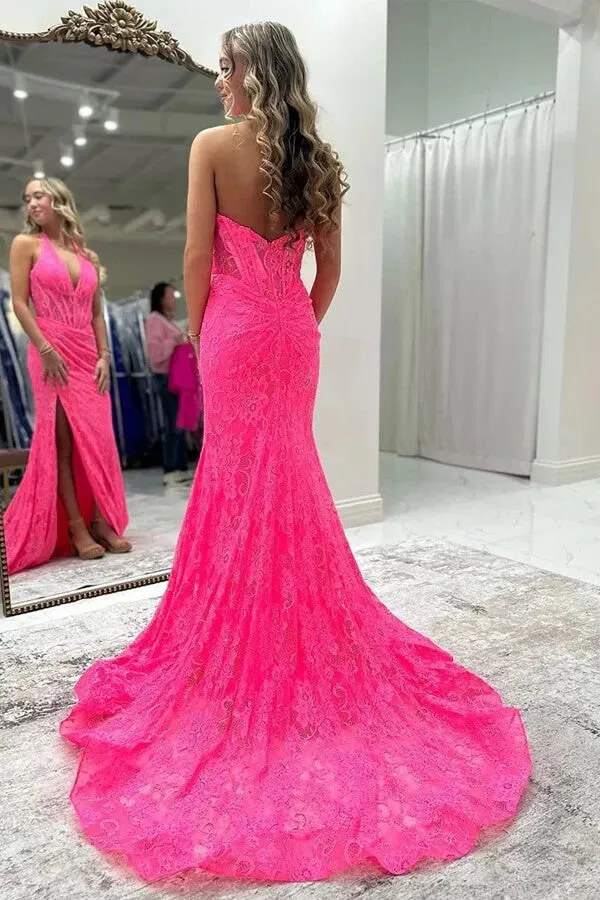 Pink Mermaid Halter Neck Long Prom Dresses With Lace Appliques, SLP074