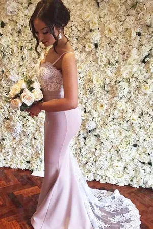 Pink Mermaid Sweep Train Long Bridesmaid Dresses With White Lace, MBD219