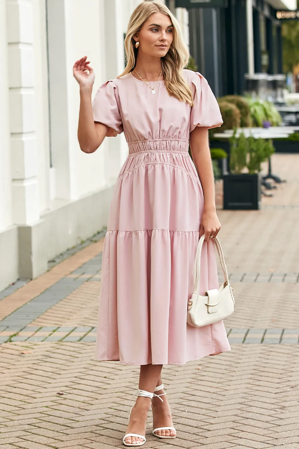 Pink Puff Sleeve Pleated High Waist Flowy Long Dress
