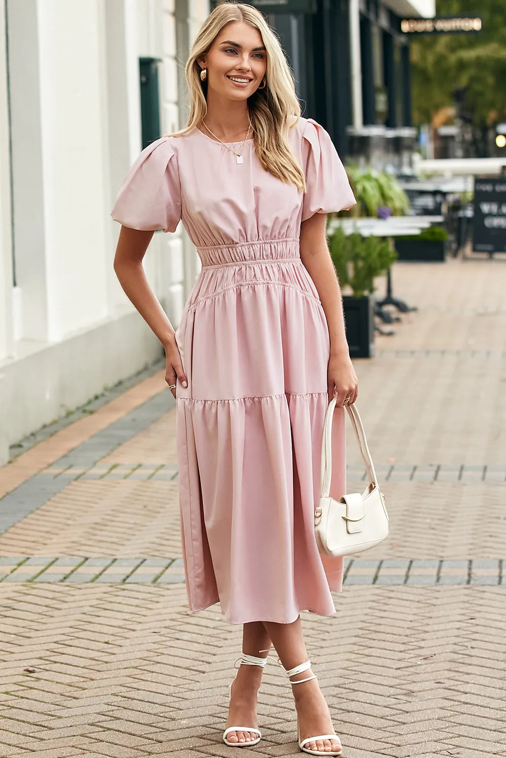 Pink Puff Sleeve Pleated High Waist Flowy Long Dress