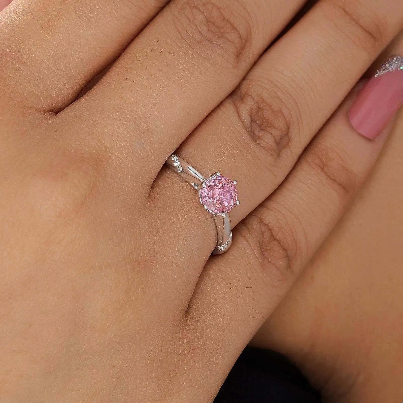 Pink Sapphire Ring for Women- 925 Sterling Silver Rhodium Plated