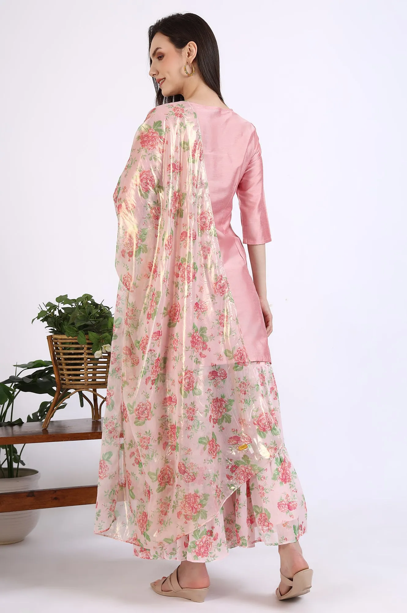 Pink Solid Embroidered Short Kurti and Sharara Set with Dupatta