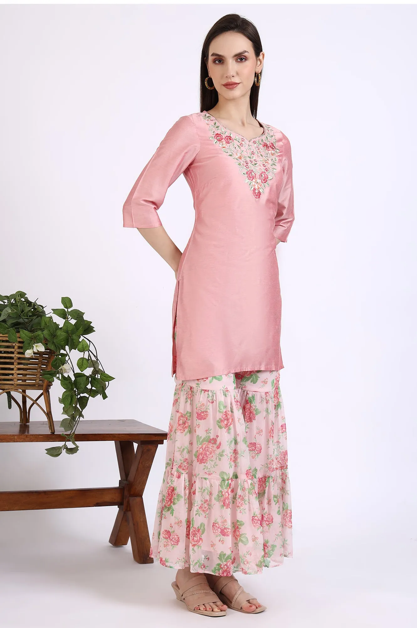 Pink Solid Embroidered Short Kurti and Sharara Set with Dupatta