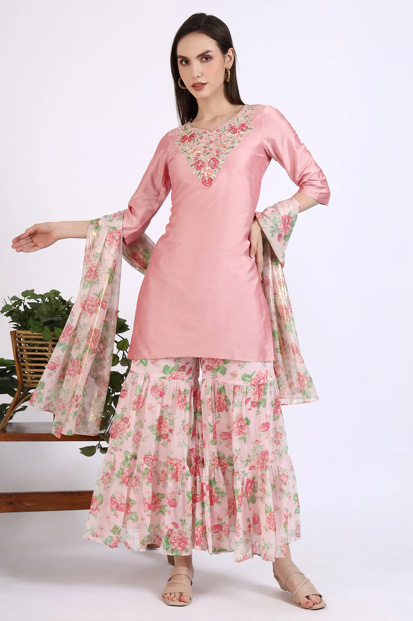 Pink Solid Embroidered Short Kurti and Sharara Set with Dupatta