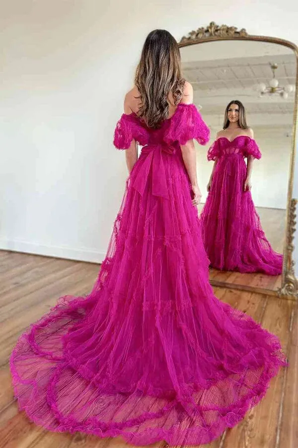 Pink Tulle A-line Off the Shoulder Sheer Corset Prom Dresses With Ruffles, MP927