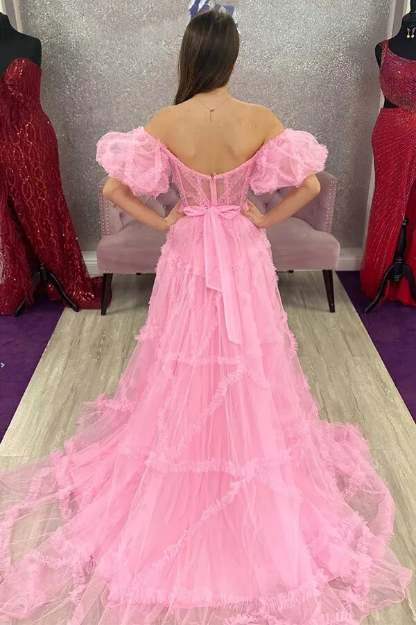 Pink Tulle A-line Off the Shoulder Sheer Corset Prom Dresses With Ruffles, MP927