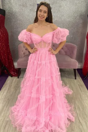 Pink Tulle A-line Off the Shoulder Sheer Corset Prom Dresses With Ruffles, MP927