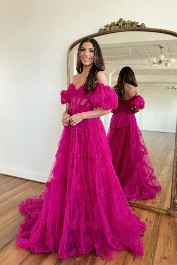 Pink Tulle A-line Off the Shoulder Sheer Corset Prom Dresses With Ruffles, MP927