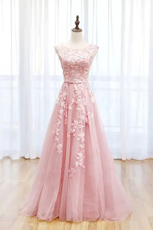 Pink Tulle A-line Scoop Lace Prom Dresses With Train, Long Formal Dresses, MP717