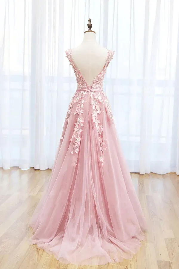 Pink Tulle A-line Scoop Lace Prom Dresses With Train, Long Formal Dresses, MP717