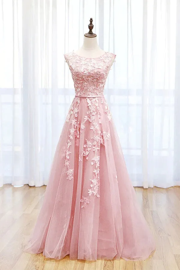 Pink Tulle A-line Scoop Lace Prom Dresses With Train, Long Formal Dresses, MP717