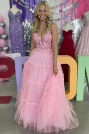 Pink Tulle A-line V-Neck Spaghetti Straps Lace Appliques Prom Dresses, MP1009