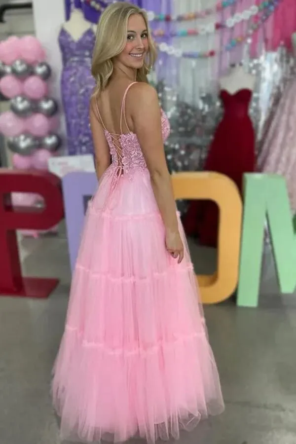 Pink Tulle A-line V-Neck Spaghetti Straps Lace Appliques Prom Dresses, MP1009