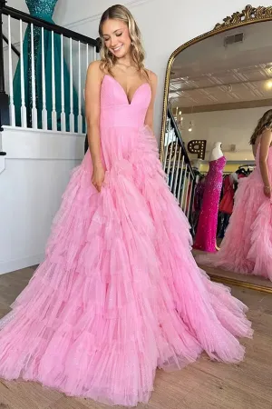 Pink Tulle Tiered Princess A-line V-neck Prom dresses, Long Formal Dress, MP800