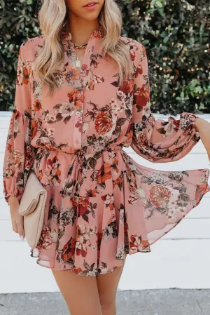 Pink Vintage Floral Print Drawstring Flowy Dress