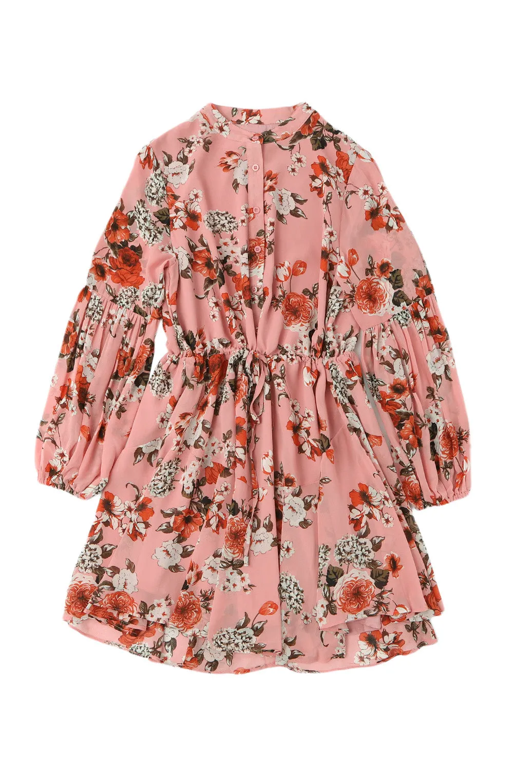 Pink Vintage Floral Print Drawstring Flowy Dress