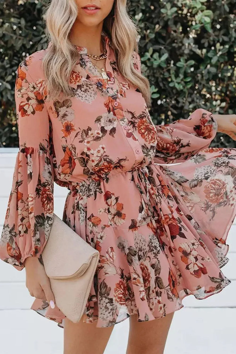 Pink Vintage Floral Print Drawstring Flowy Dress
