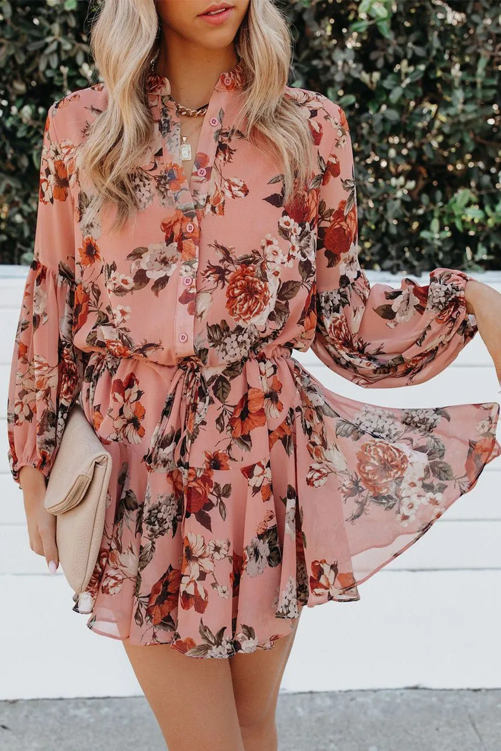 Pink Vintage Floral Print Drawstring Flowy Dress