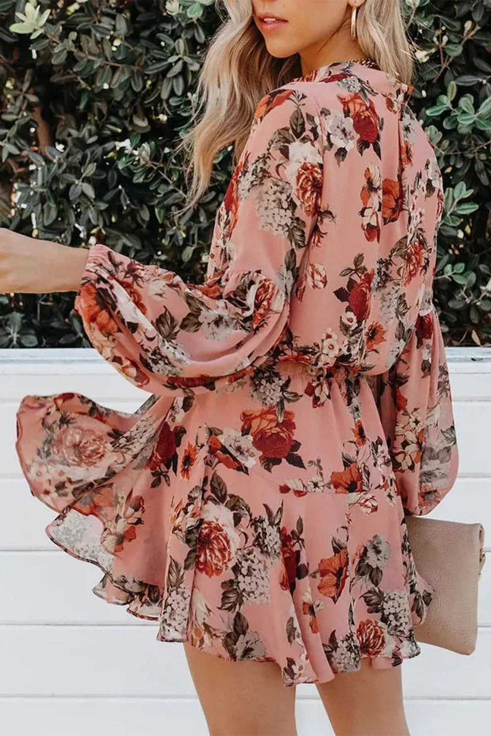 Pink Vintage Floral Print Drawstring Flowy Dress