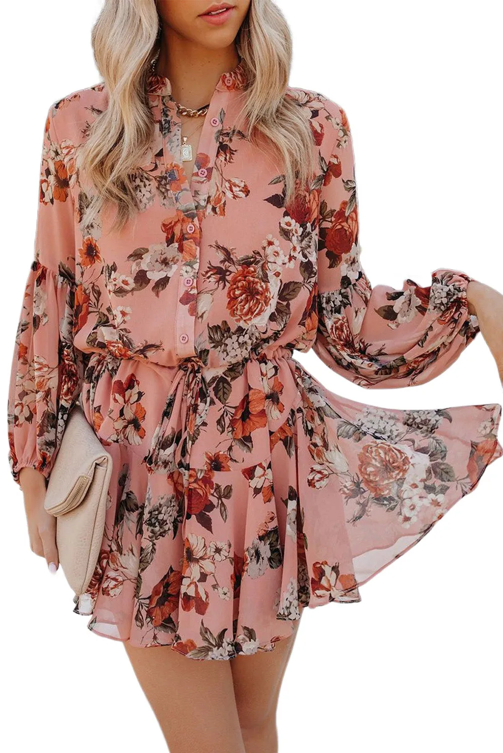 Pink Vintage Floral Print Drawstring Flowy Dress