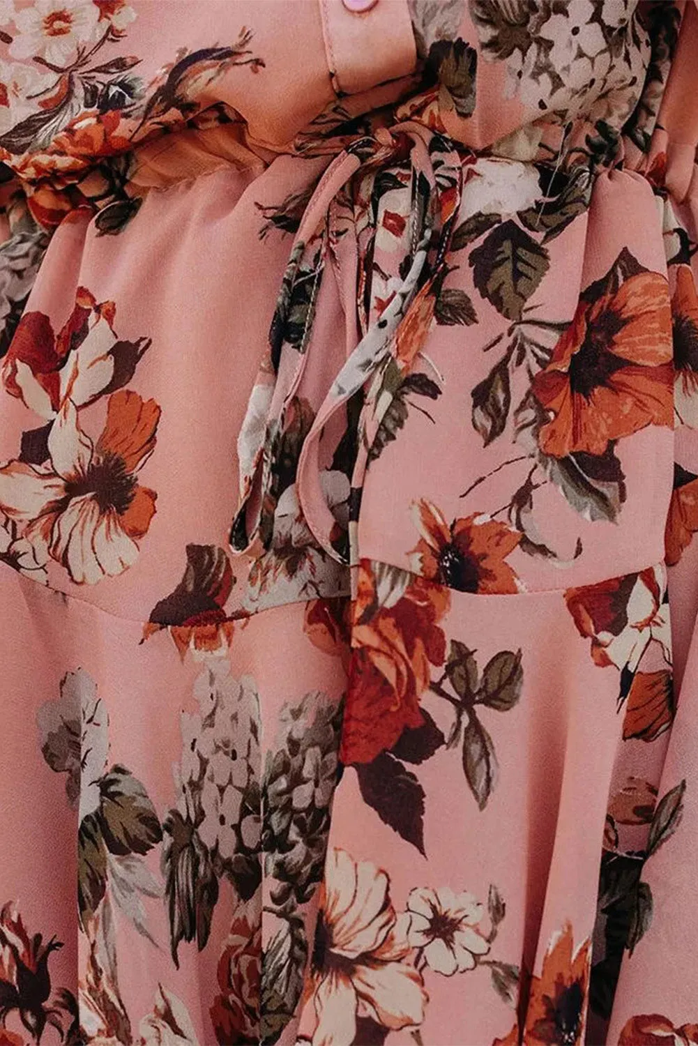 Pink Vintage Floral Print Drawstring Flowy Dress