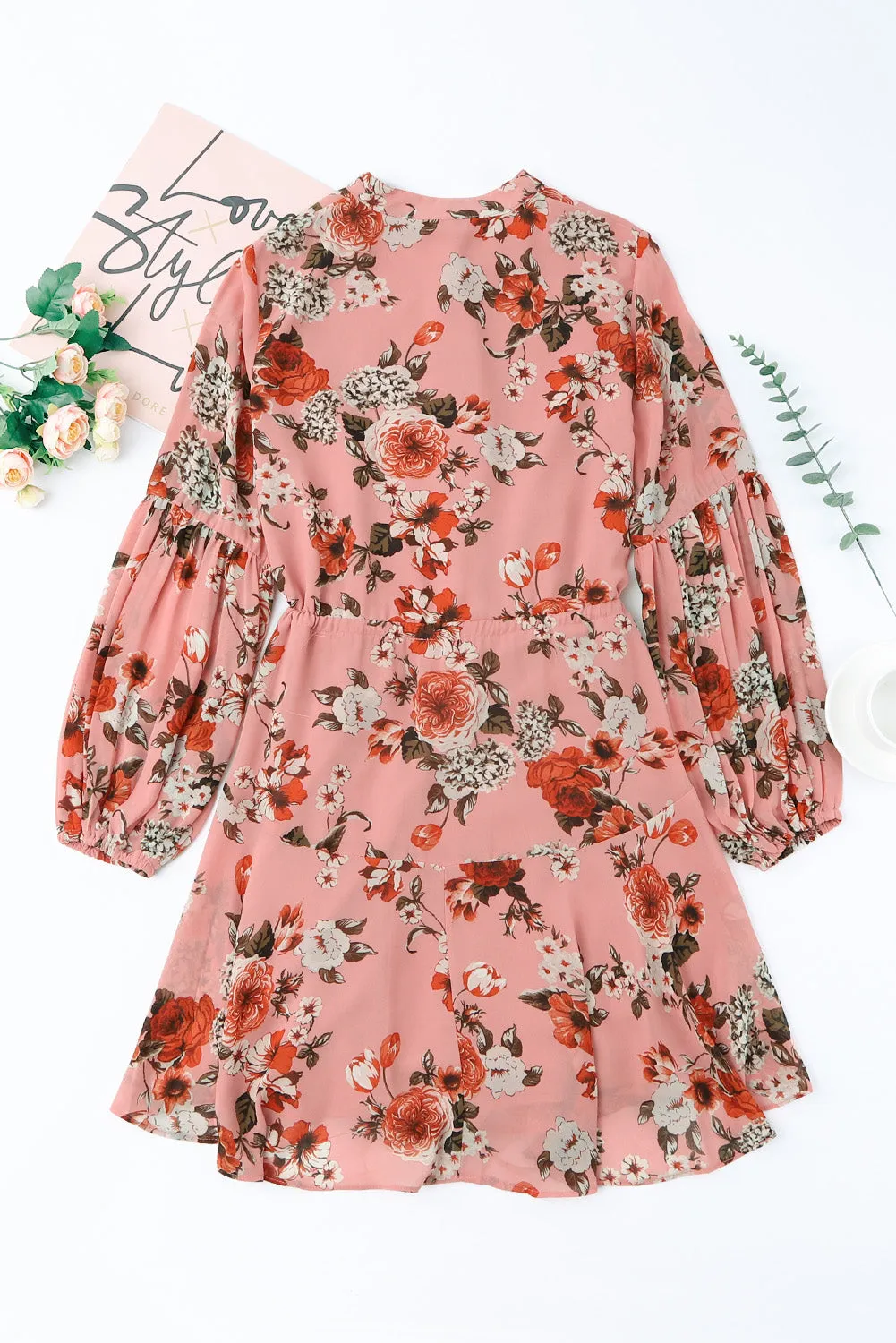 Pink Vintage Floral Print Drawstring Flowy Dress