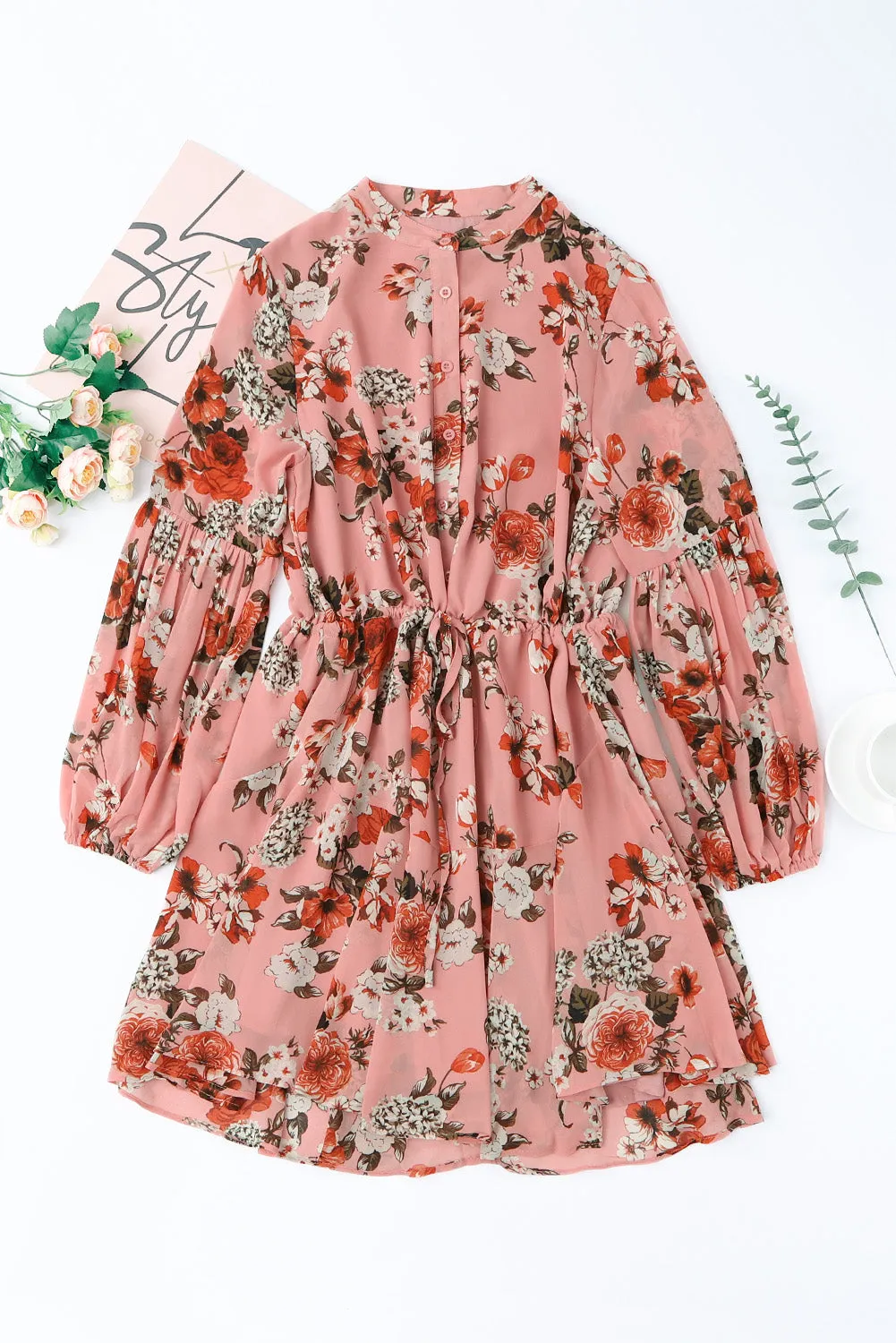 Pink Vintage Floral Print Drawstring Flowy Dress