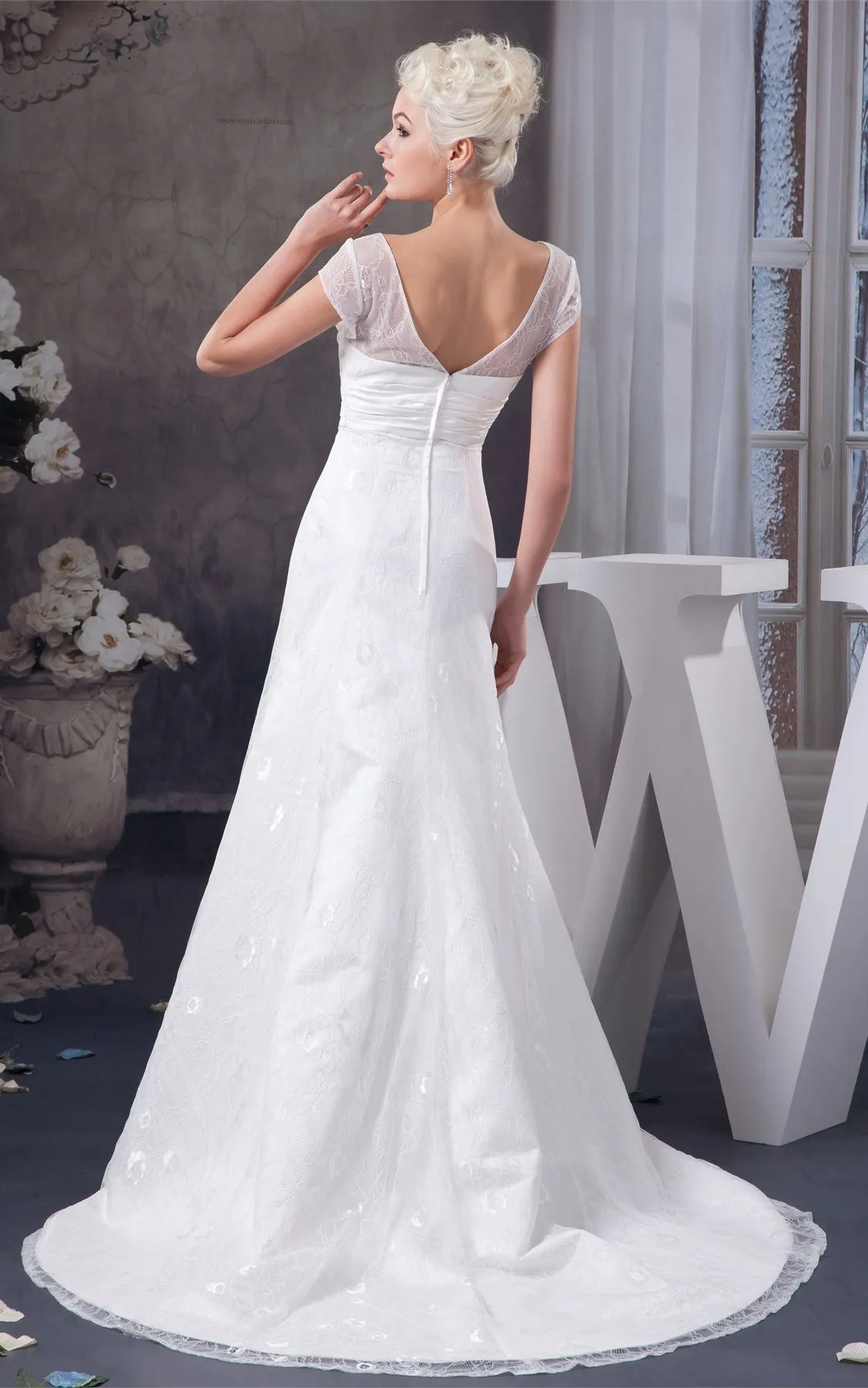 Plunged Caped-Sleeve A-Line Gown with Appliques and Ruched Waist-GC_707293