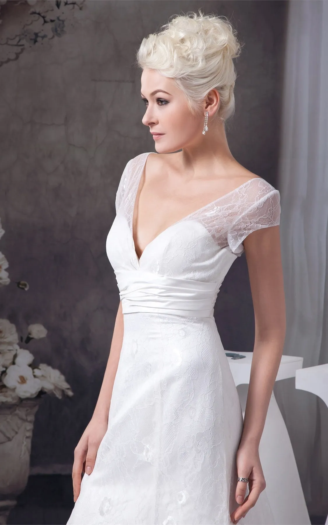 Plunged Caped-Sleeve A-Line Gown with Appliques and Ruched Waist-GC_707293
