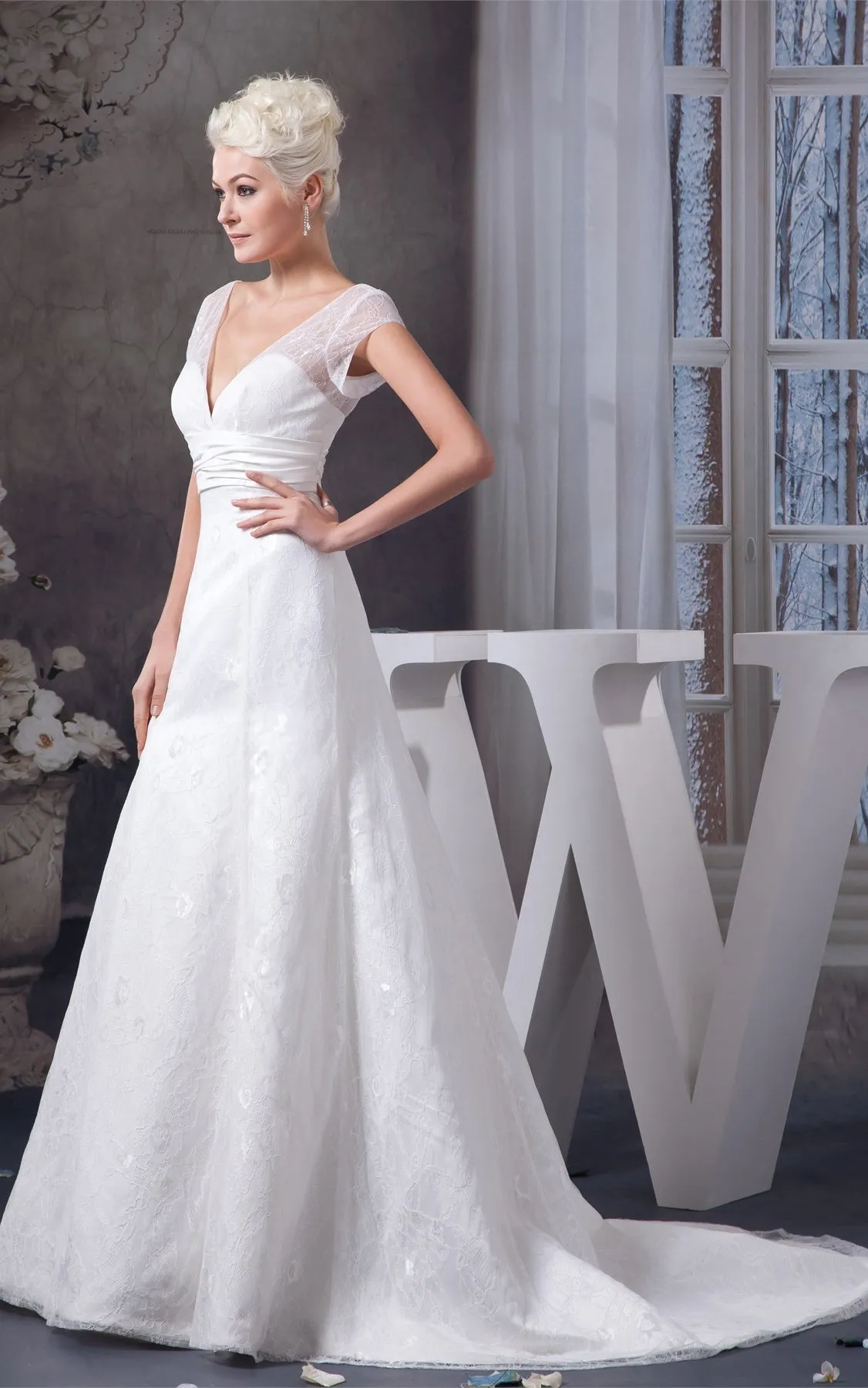Plunged Caped-Sleeve A-Line Gown with Appliques and Ruched Waist-GC_707293