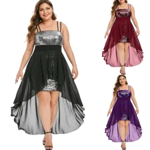 Plus Size Asymmetric Hem Sequin Evening Dress