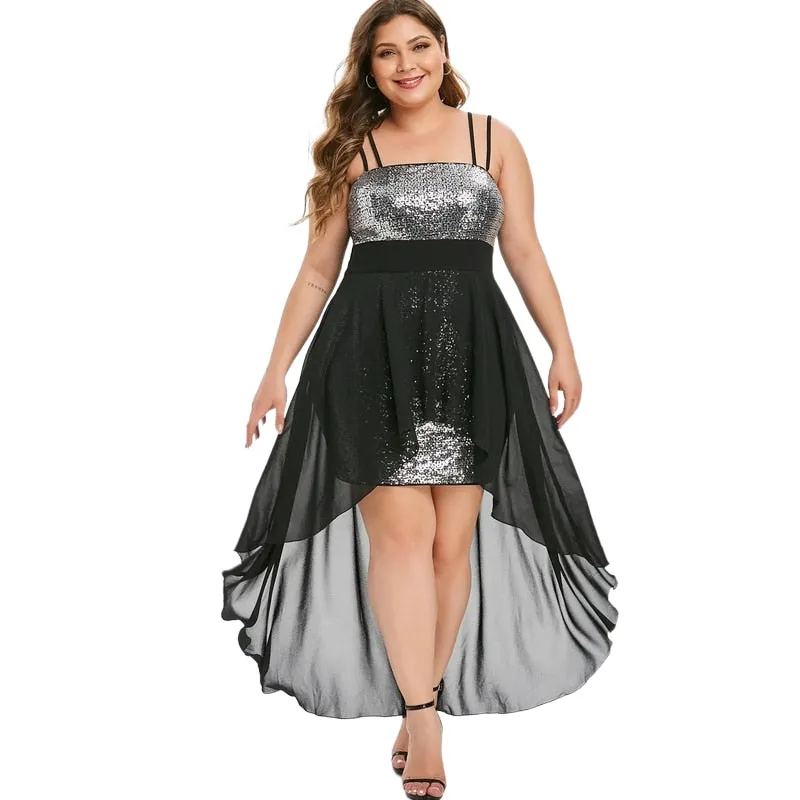 Plus Size Asymmetric Hem Sequin Evening Dress