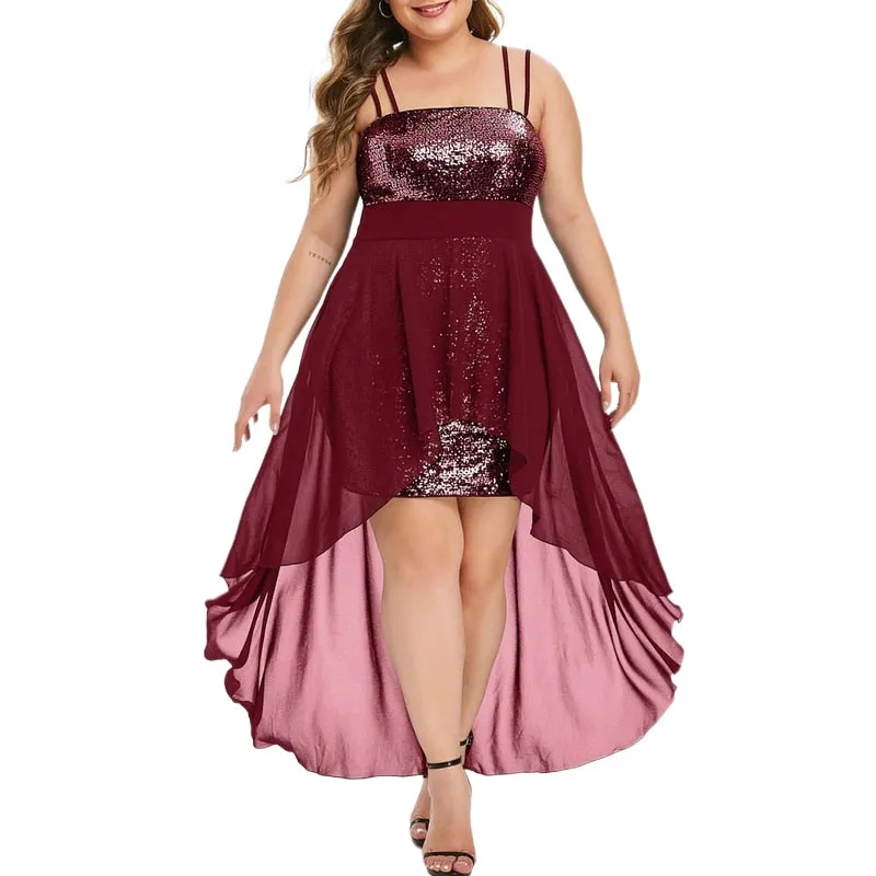 Plus Size Asymmetric Hem Sequin Evening Dress