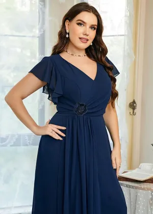Plus Size Royal Blue V-Neck Chiffon Maxi Dress Short Sleeve Elegant Evening Wedding Party Prom Dress