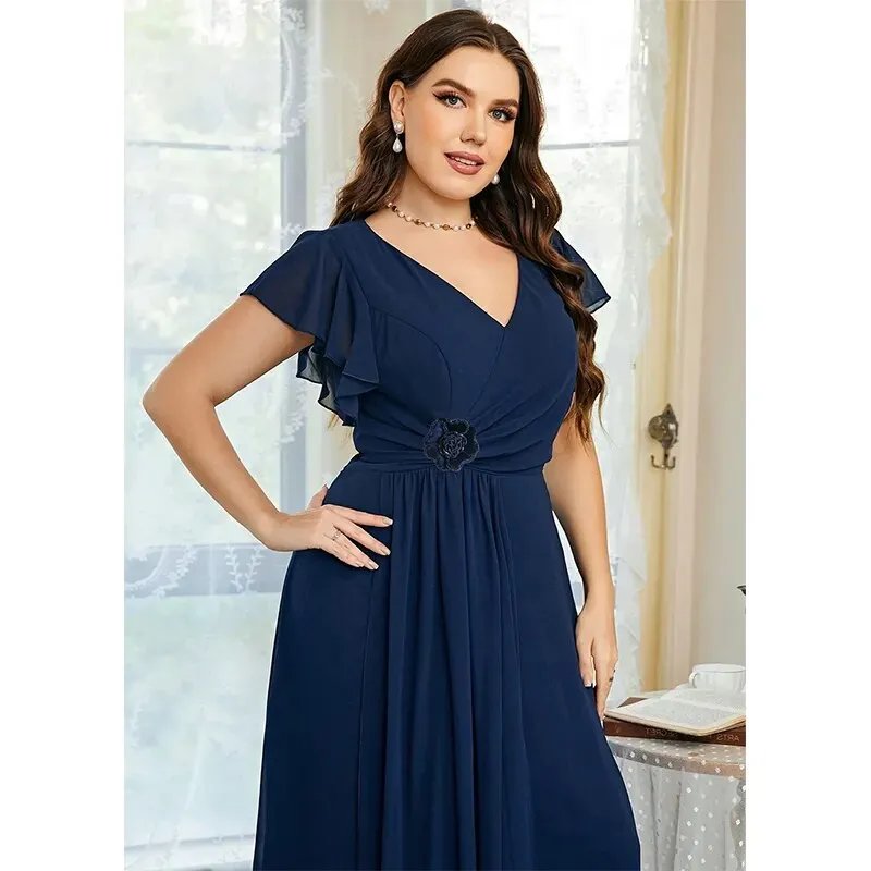 Plus Size Royal Blue V-Neck Chiffon Maxi Dress Short Sleeve Elegant Evening Wedding Party Prom Dress