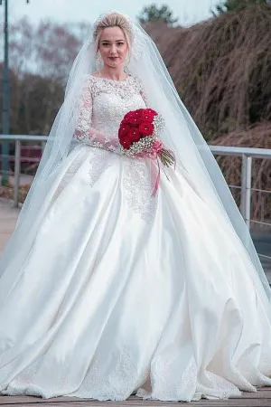 Plus Size Wedding Dress Lace Long Sleeves Satin Skirt