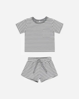 Pocket Tee   Short Set || Blue Stripe