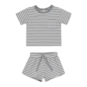 pocket tee   short set || blue stripe
