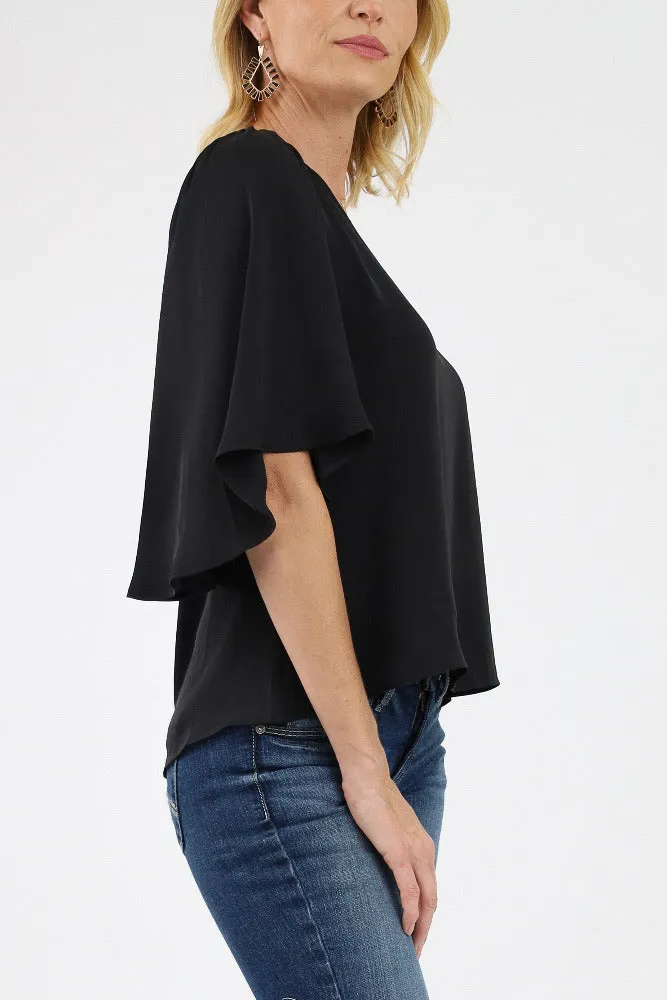 Poly Silk Petal Sleeve Top - Black